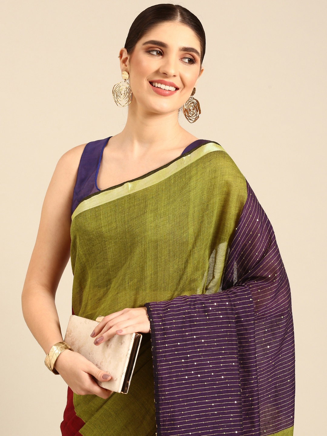 

ArtEastri Colourblocked Sequinned Pure Cotton Taant Saree, Green