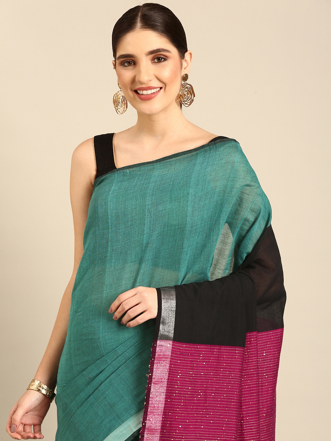 

ArtEastri Solid Sequinned Pure Cotton Taant Saree, Sea green