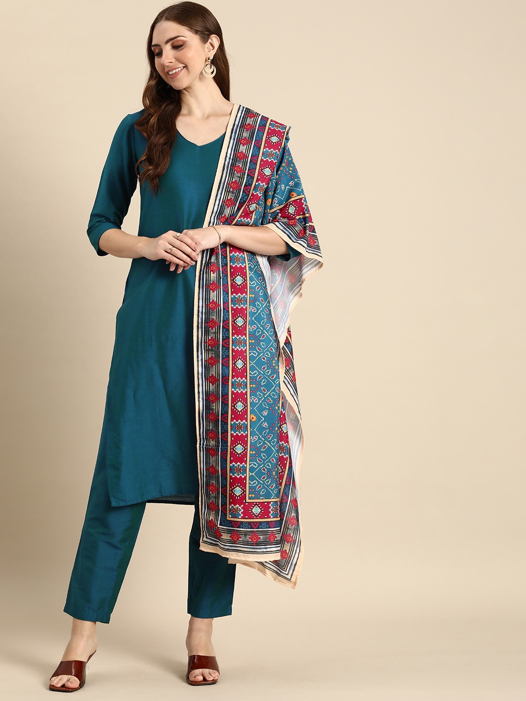 

Anouk Women Solid Regular Kurta with Trousers & With Dupatta, Blue