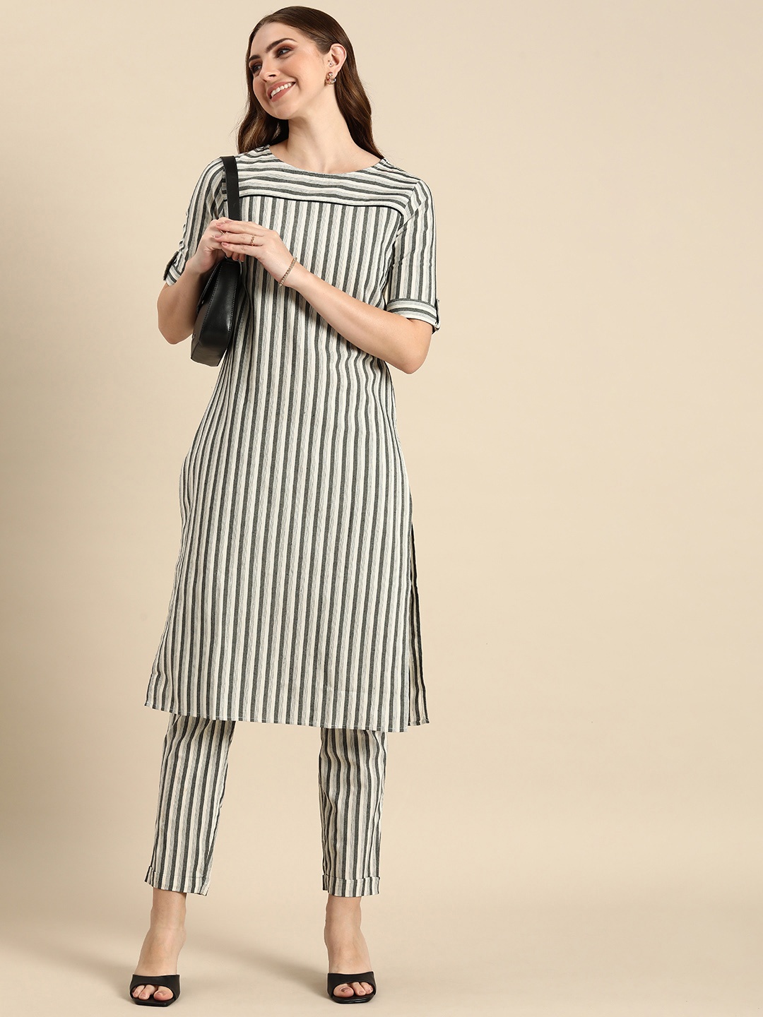 

Anouk Women Striped Regular Kurta with Trousers, White