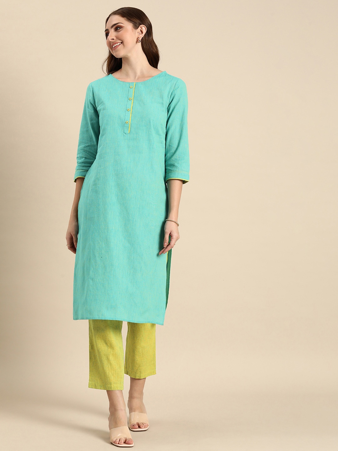 

Anouk Women Solid Regular Pure Cotton Kurta with Trousers, Teal