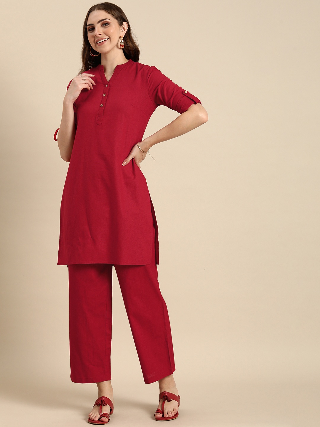 

Anouk Women Solid Regular Pure Cotton Kurta with Palazzos, Red