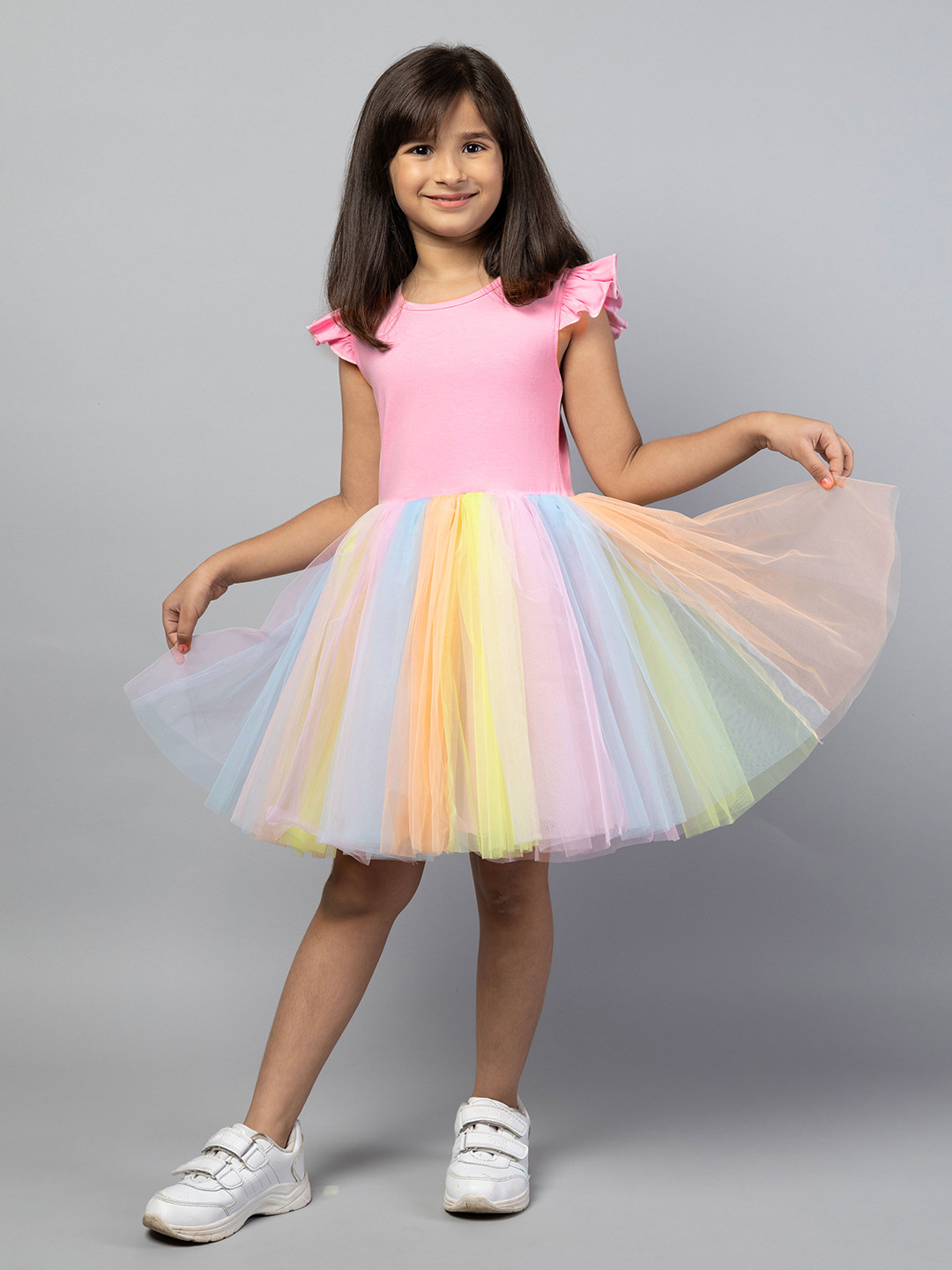 

ZIP ZAP ZOOP Girls Colourblocked Flutter Sleeve Fit & Flare Dress, Pink