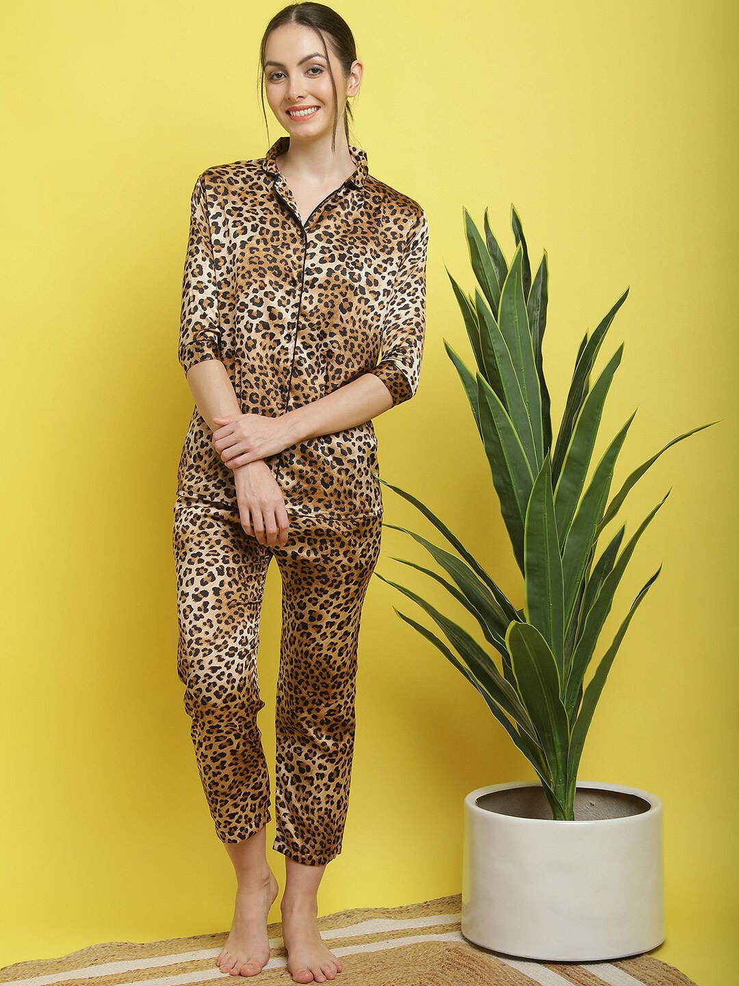 

KALINI Animal Printed Pure Cotton Shirt With Pyjamas, Brown