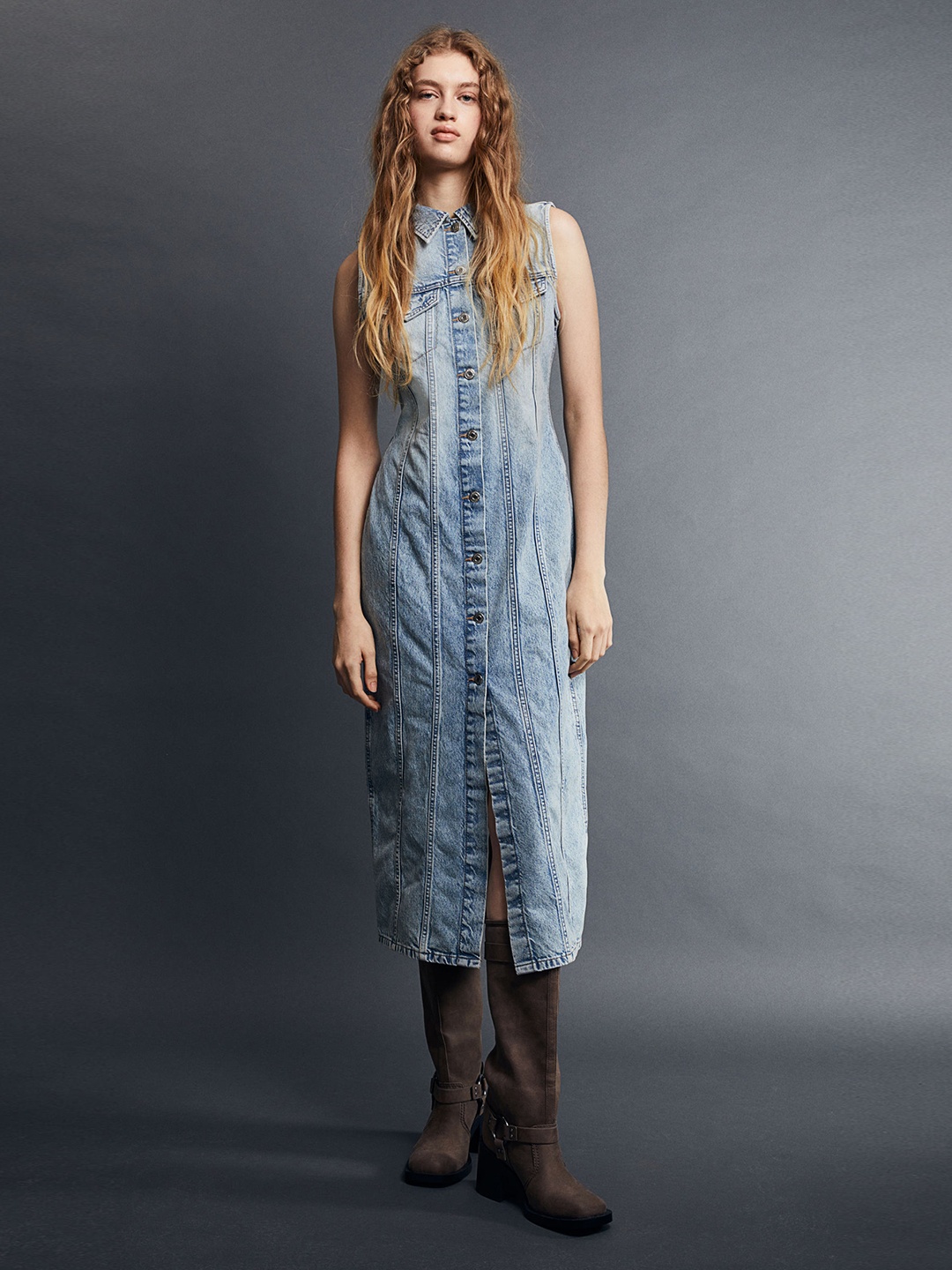 

H&M Button Front Pure Cotton Denim Dress, Blue