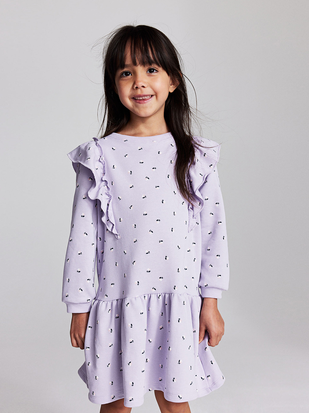 

H&M Girls Printed Flounce-Trimmed Sweatshirt Dress, Purple