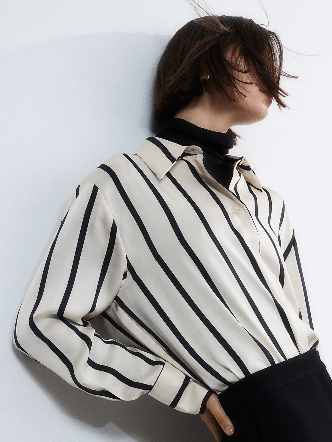 

H&M Women Striped Loose-Fit Satin Shirts, White