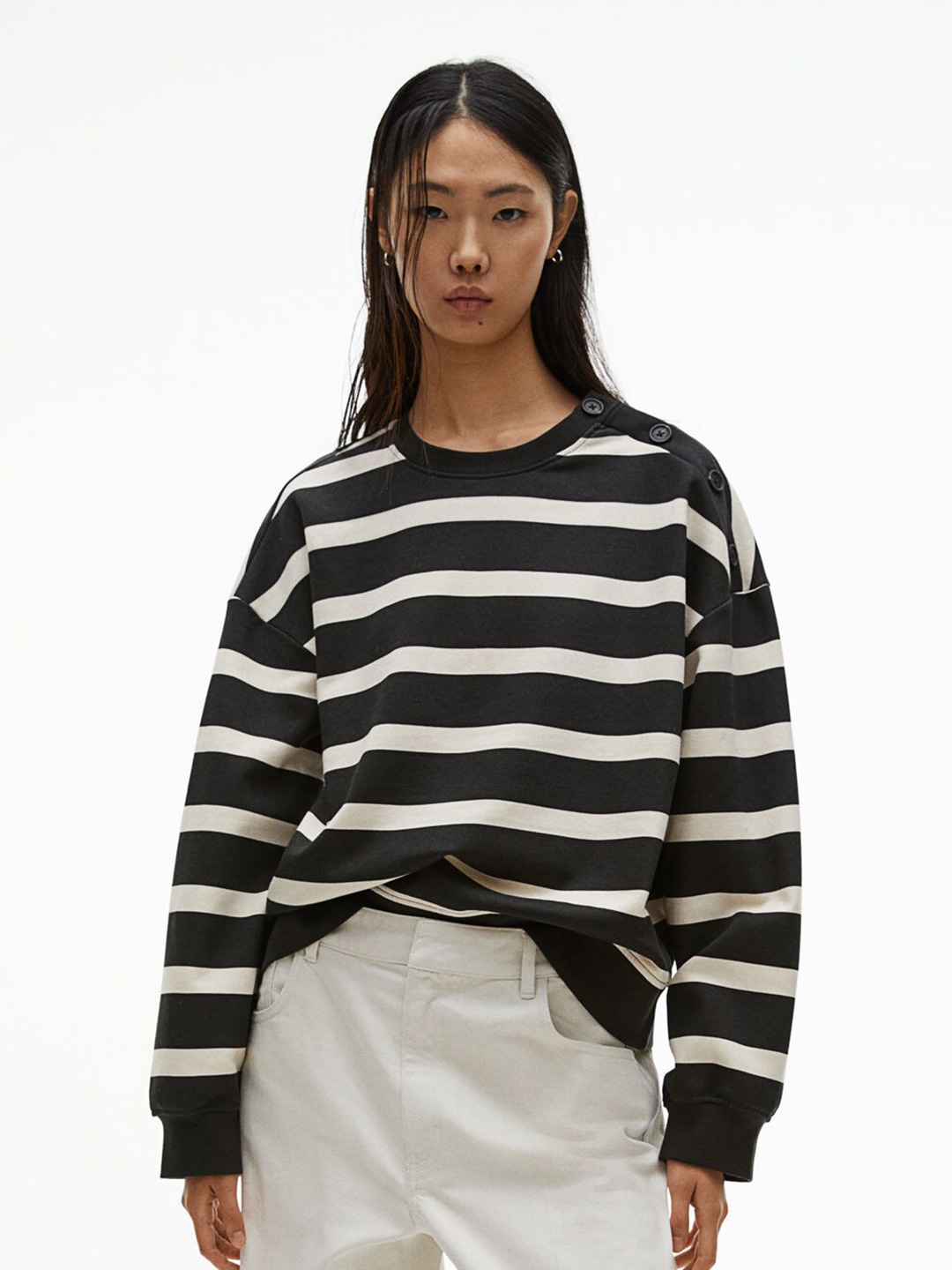 

H&M Women Striped Button-Detail Sweatshirts, Black