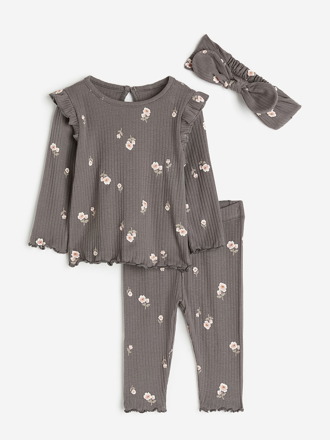 

H&M Girls 3-Piece Ribbed Set, Grey