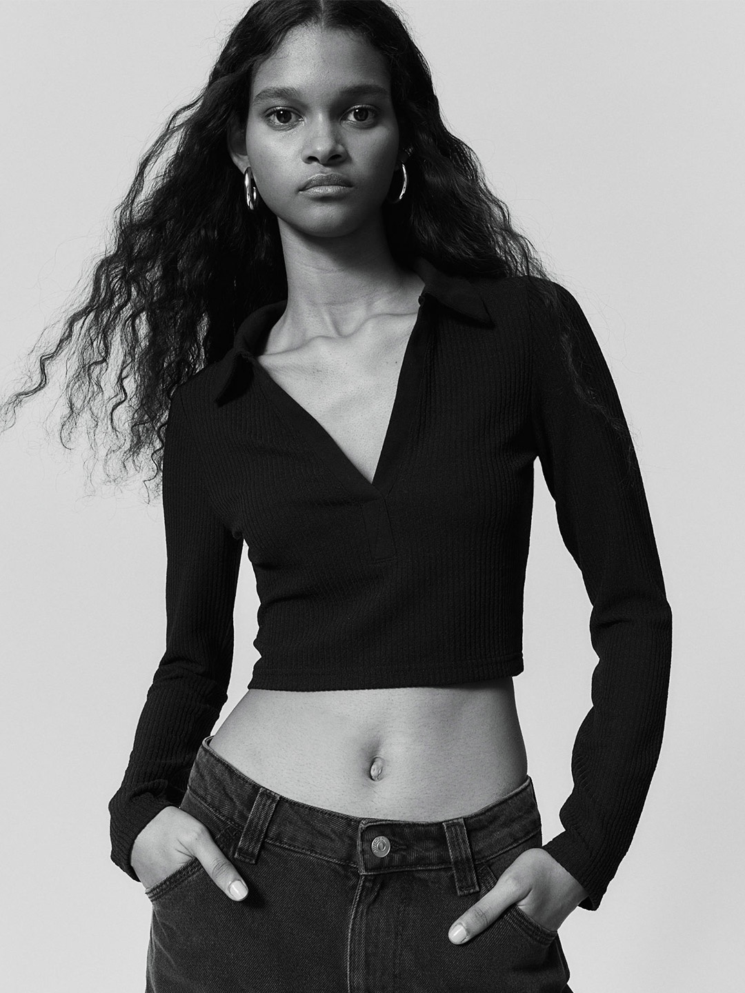 

H&M Collared Jersey Top, Black