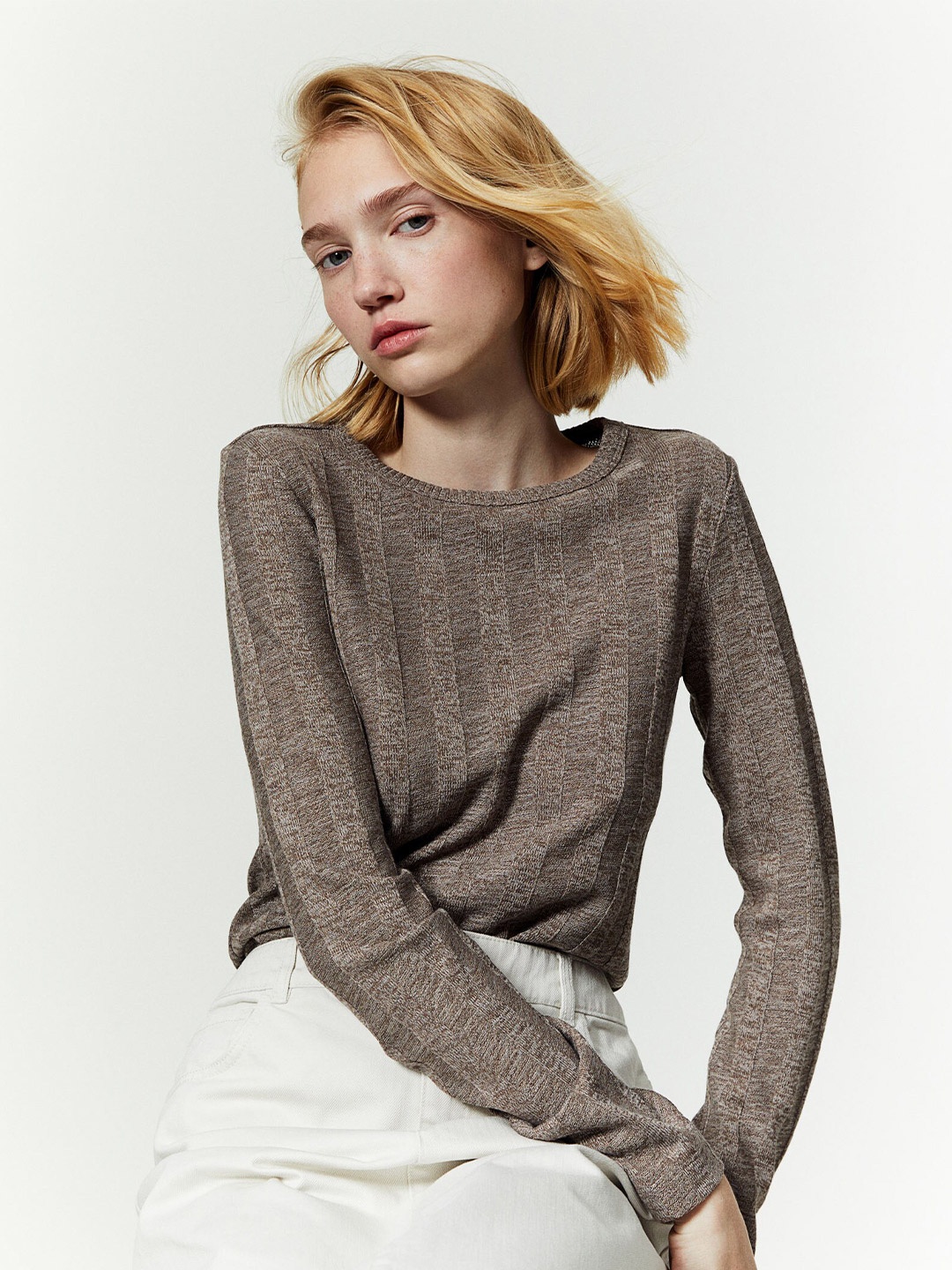 

H&M Round Neck Rib-Knit Top, Beige