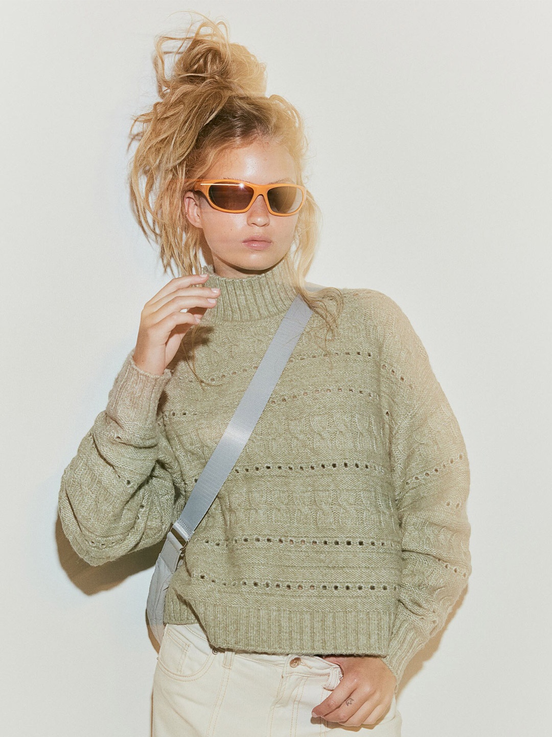 

H&M Textured-Knit Turtle Neck Jumper, Green
