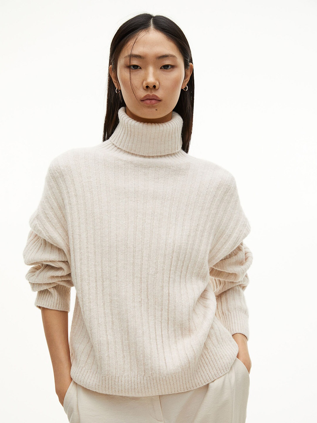 

H&M Turtle Neck Rib-Knit Jumper, Beige