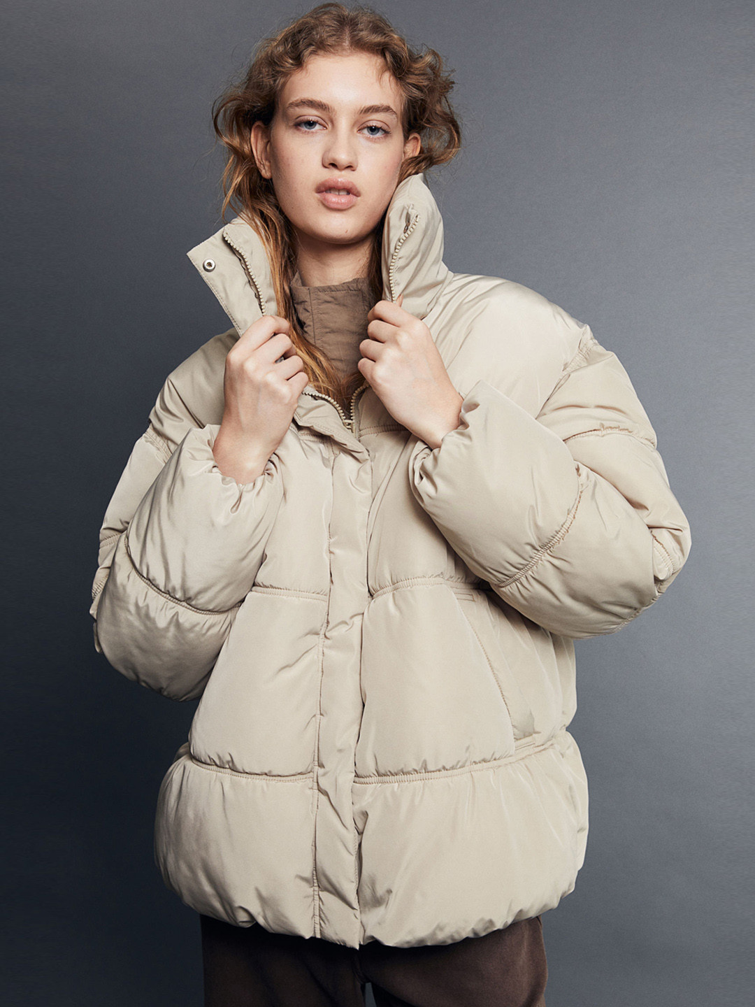 

H&M Loose-Fit Quilted Puffer Jacket, Beige
