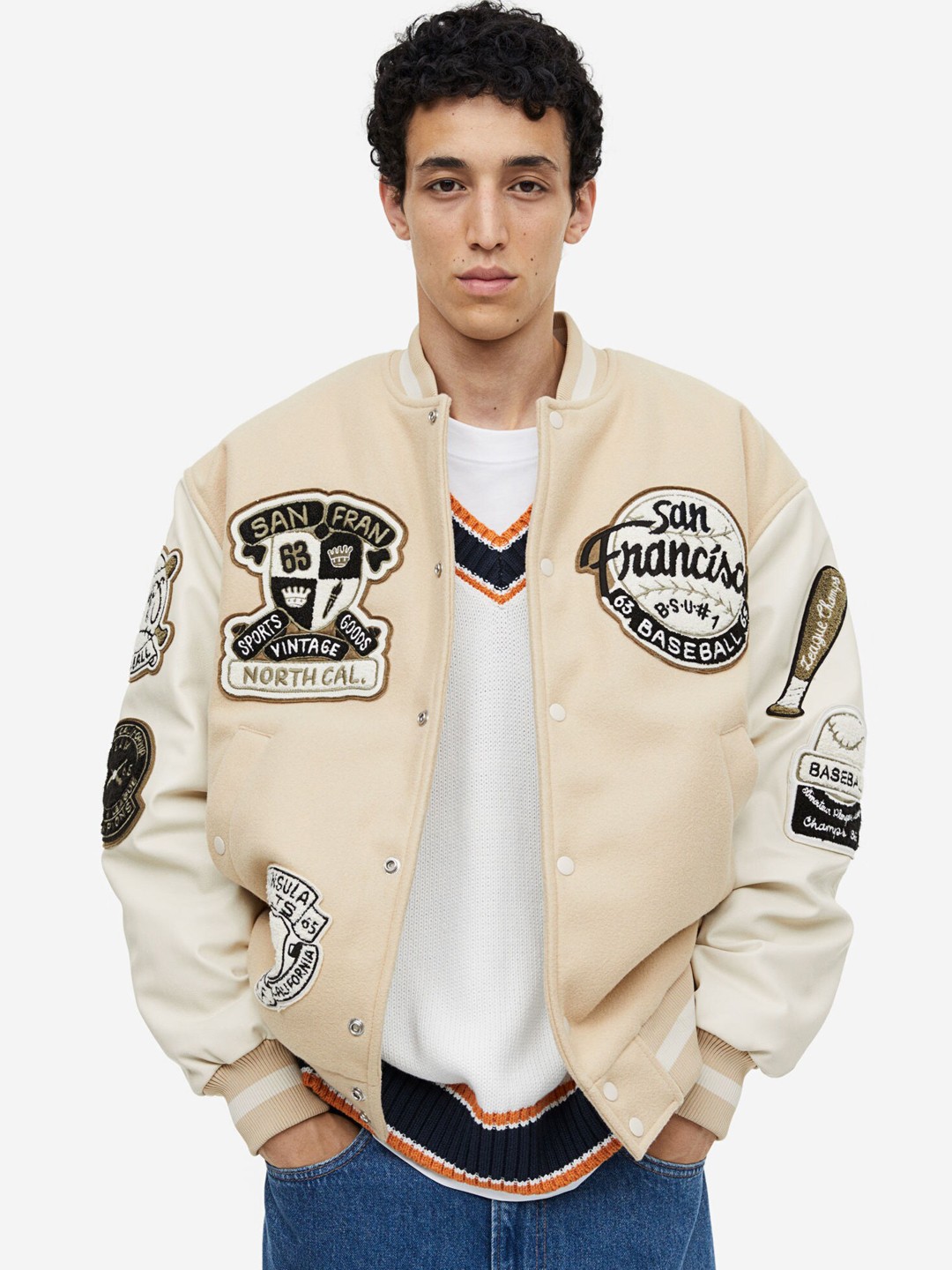 

H&M Loose Fit Baseball Jacket, Beige