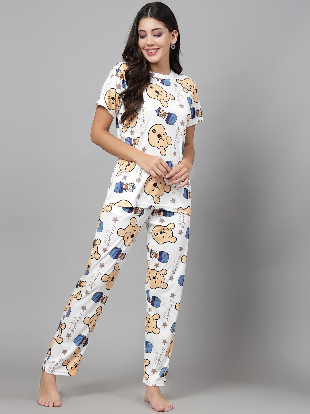 

KALINI Graphic Printed Pure Cotton T-Shirt With Pyjama, White