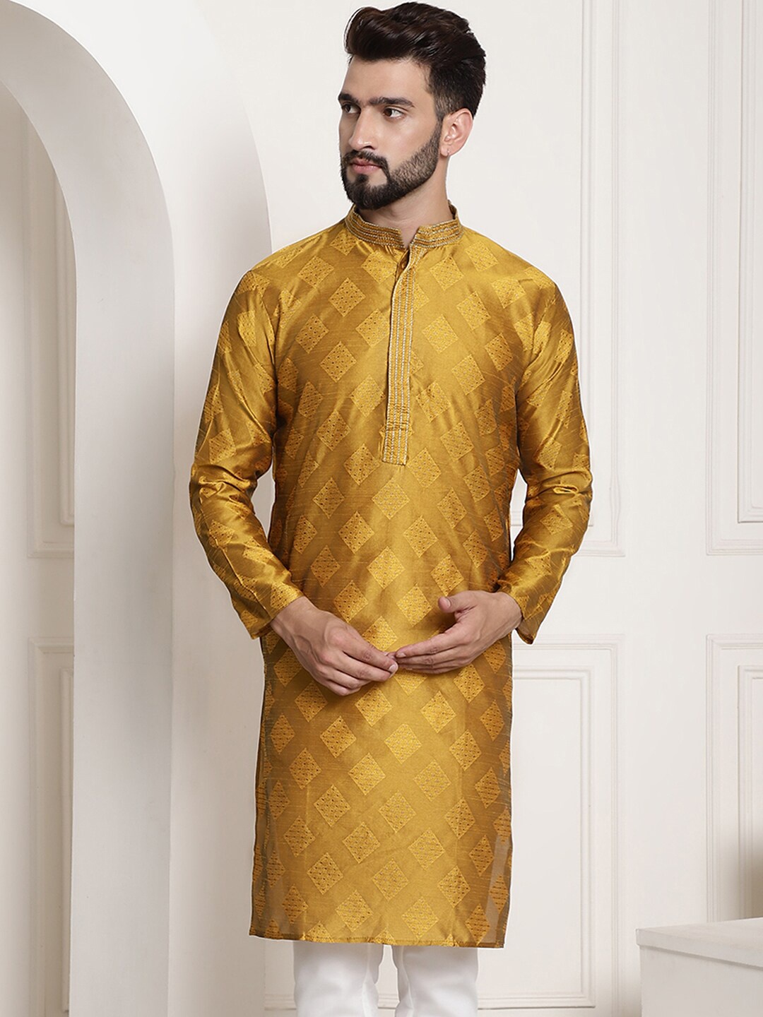 

SOJANYA Ethnic Motifs Embroidered Mandarin Collar Thread Work Cotton Silk Kurta, Mustard