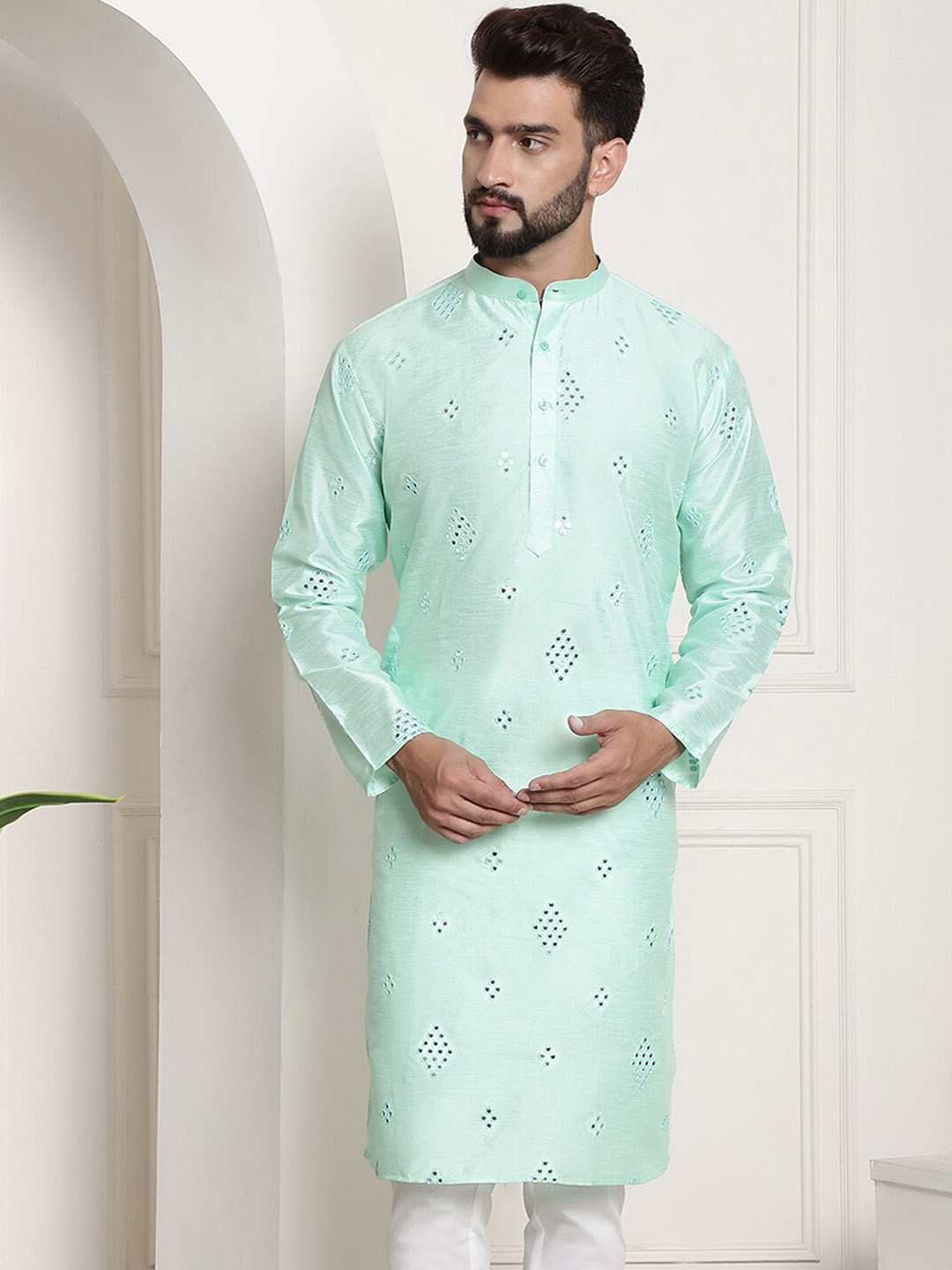 

SOJANYA Band Collar Woven Design Kurta, Sea green