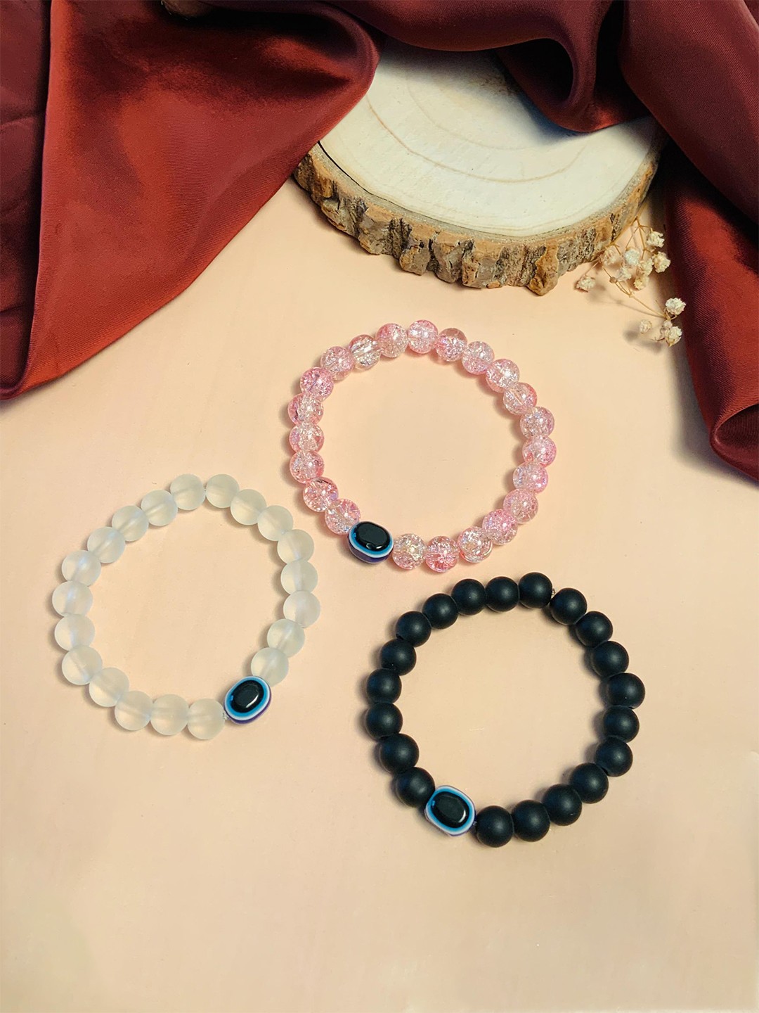 

ABDESIGNS Set Of 3 Beaded Elastic Bracelets, Black