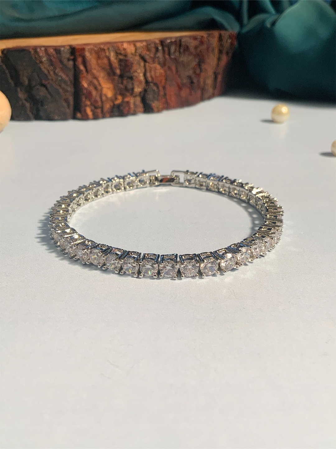 

ABDESIGNS Silver-Plated American Diamond Studded Wraparound Bracelet