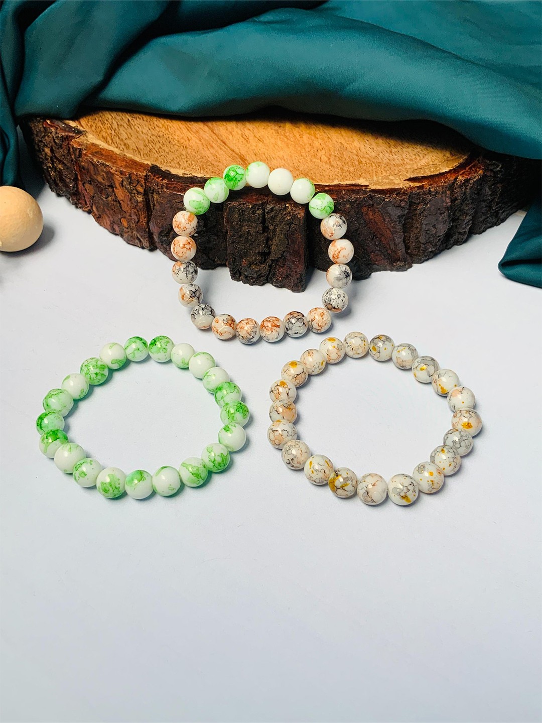 

ABDESIGNS Set Of 3 Beaded Elastic Bracelet, Green