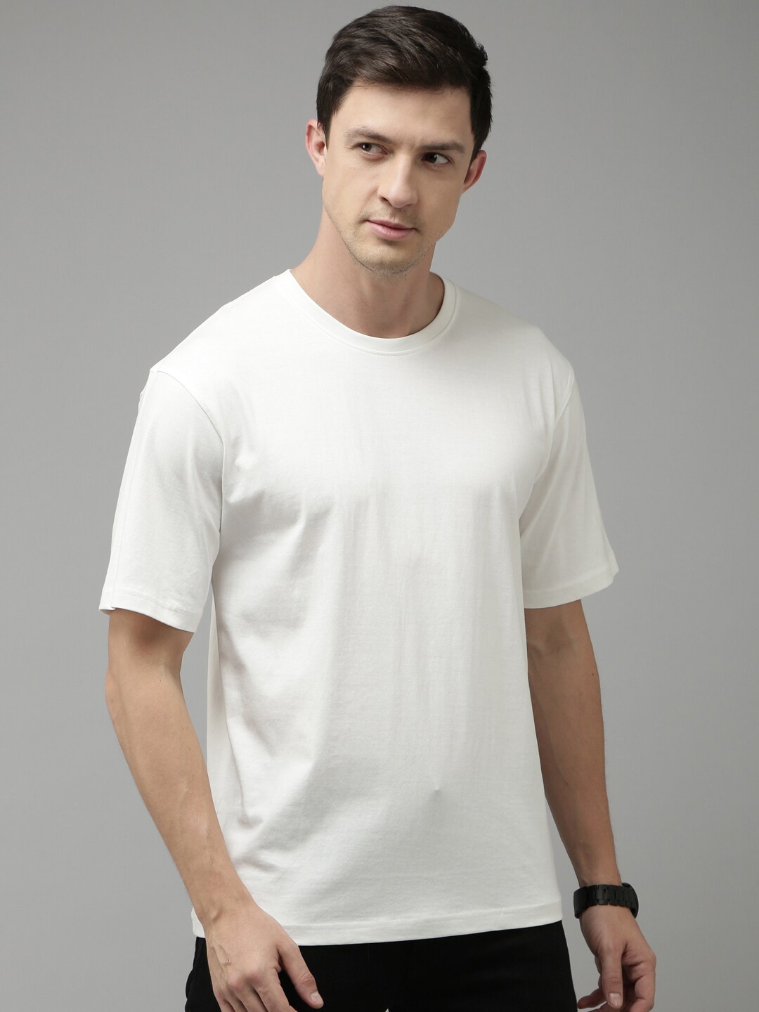 

Kryptic Solid Pure Cotton Drop Shoulder Oversized T-Shirt, Off white