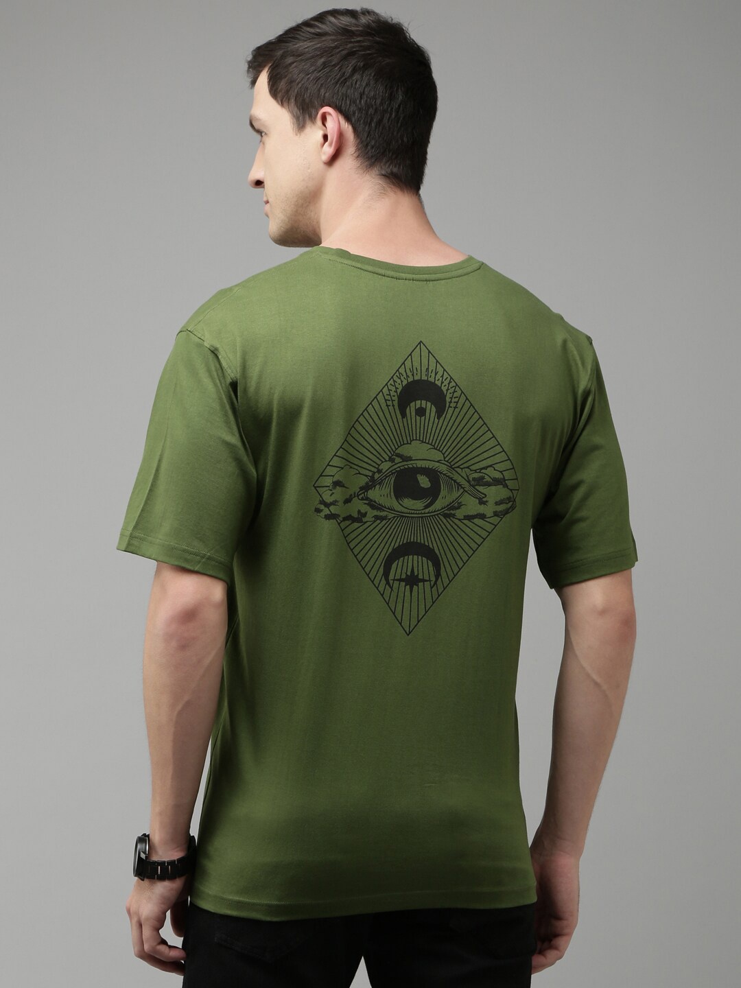 

Kryptic Graphic printed Pure Cotton Drop Shoulder Oversized T-Shirt, Olive