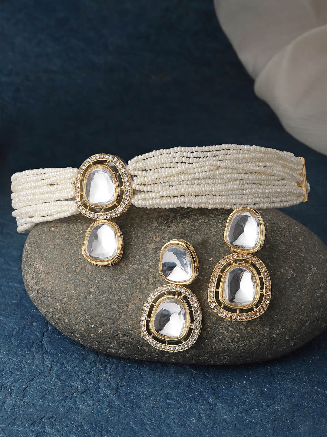 

PANASH Gold-Plated CZ-Studded & Pearl Beaded Choker Jewellery Set