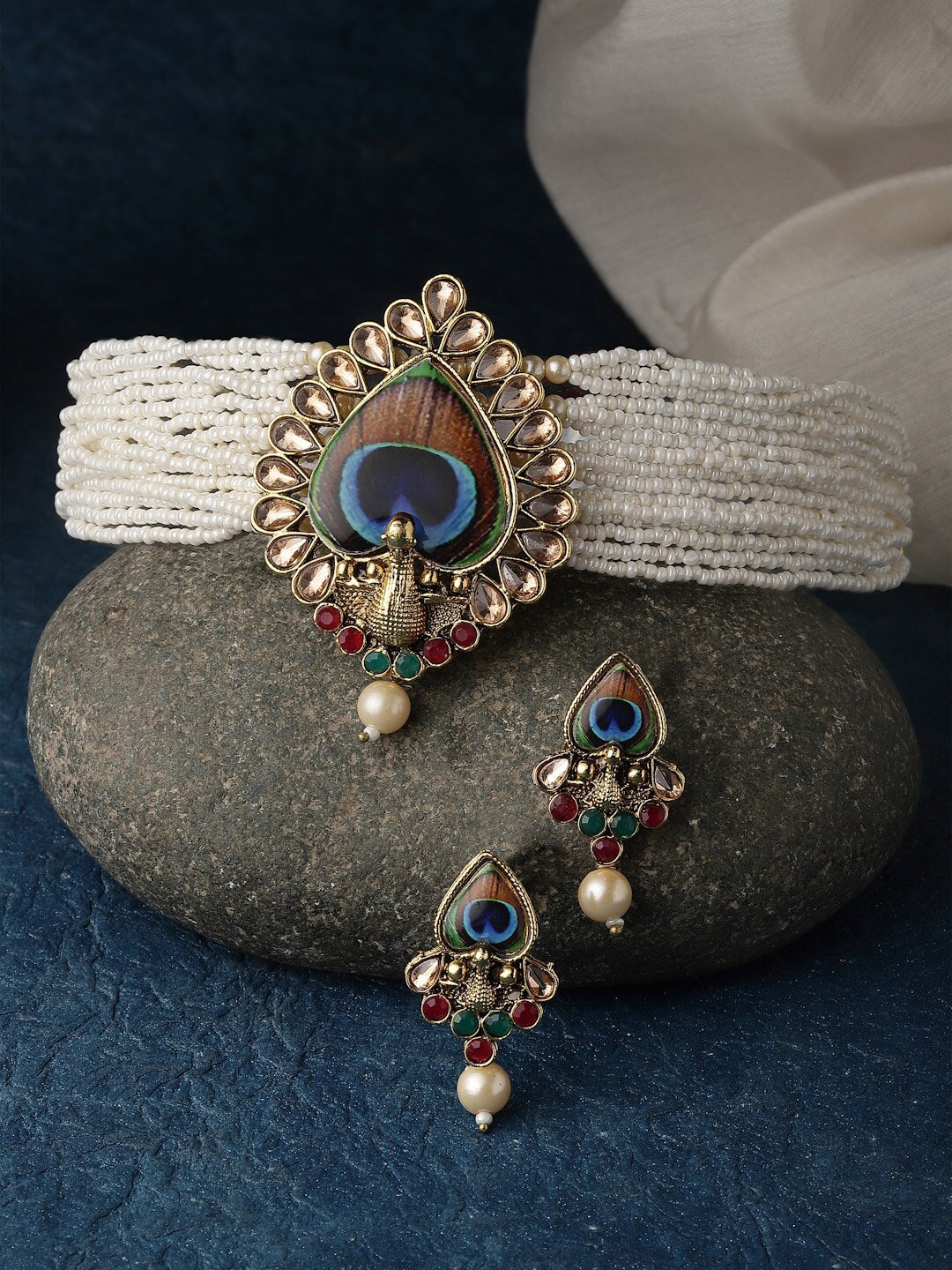 

PANASH Gold Plated Peacock Shaped Stone Studded & Pearl Beaded Choker Jewellery Set