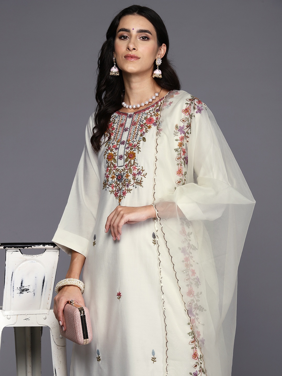 

Indo Era Women Ethnic Motifs Embroidered Thread Work Kurta with Trousers & With Dupatta, White