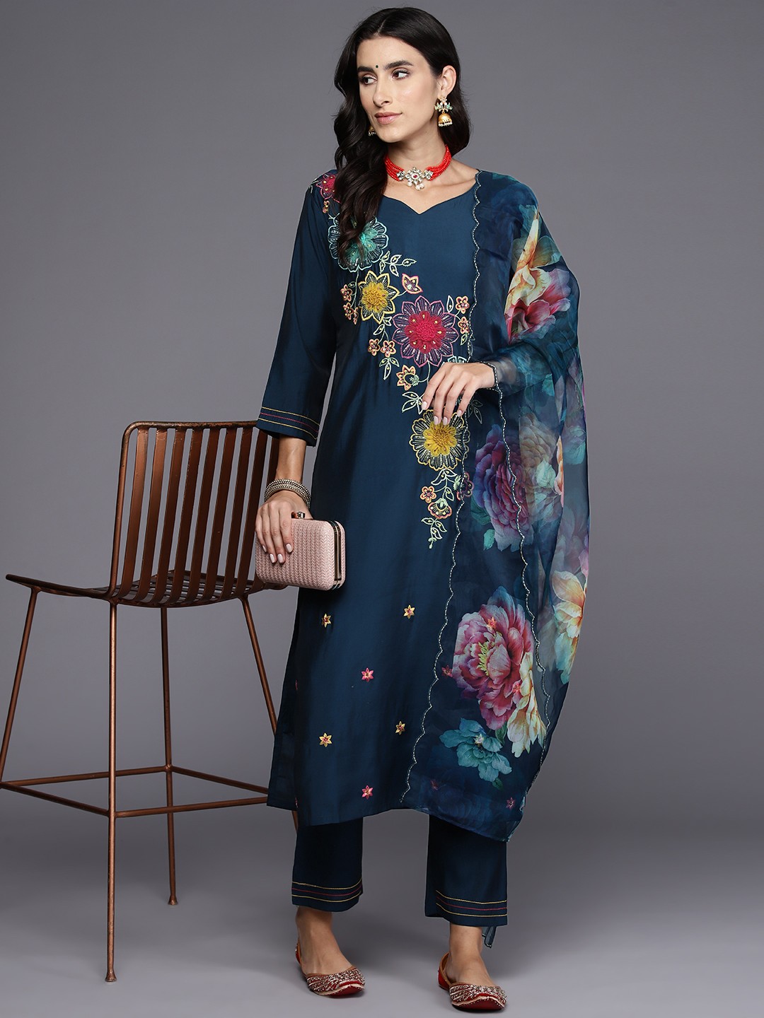 

Indo Era Women Floral Embroidered Regular Beaded Kurta with Trousers & With Dupatta, Blue