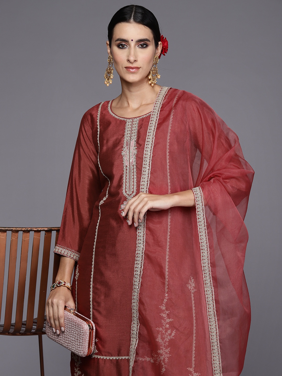 

Indo Era Women Embroidered Regular Sequinned Kurta with Trousers & Dupatta, Rust