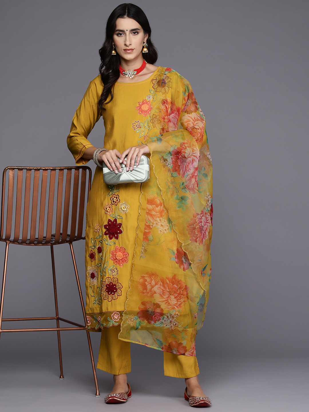 

Indo Era Women Floral Embroidered Regular Beaded Kurta with Trousers & With Dupatta, Yellow