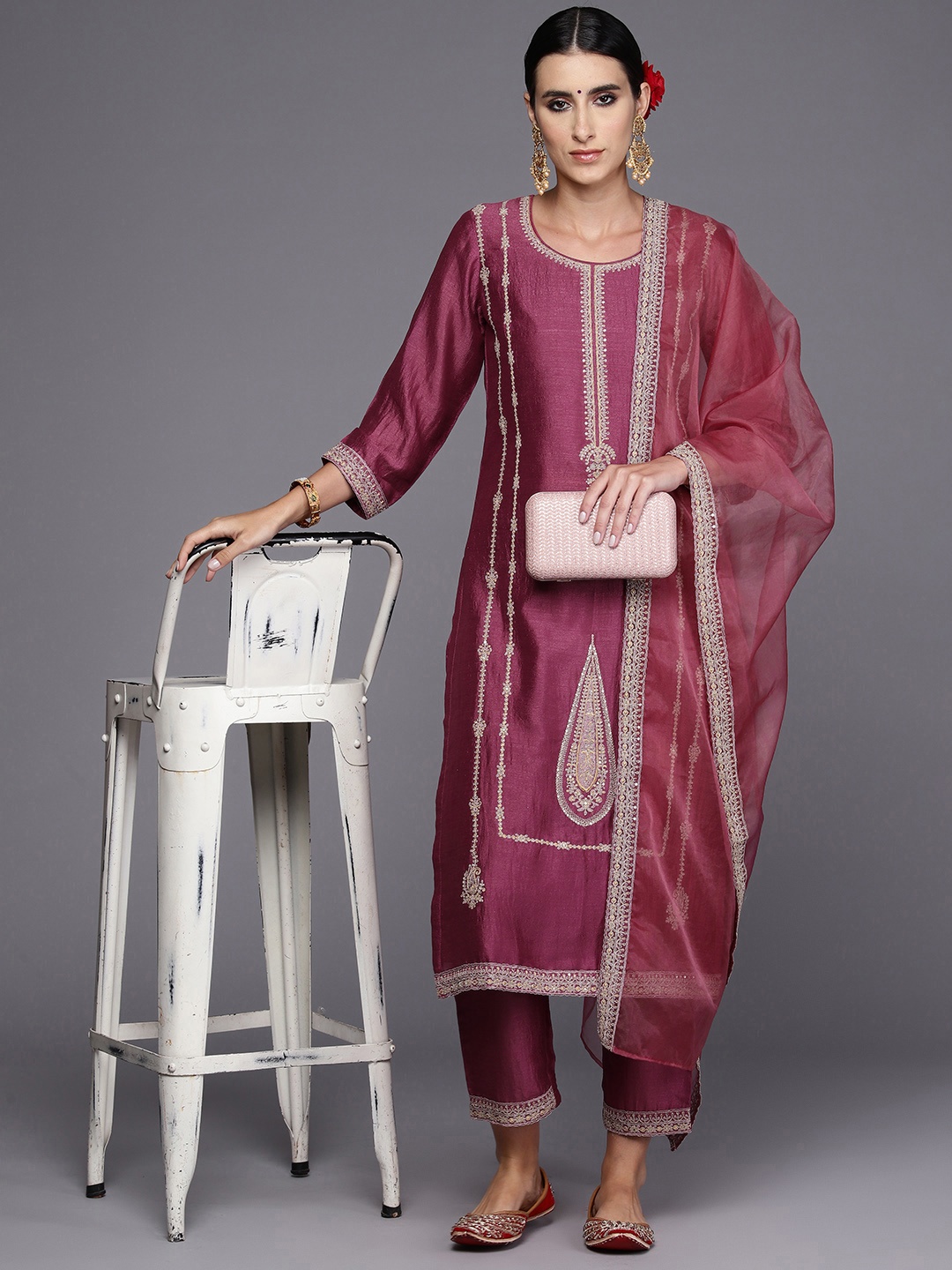 

Indo Era Women Embroidered Regular Sequinned Kurta with Trousers & Dupatta, Pink