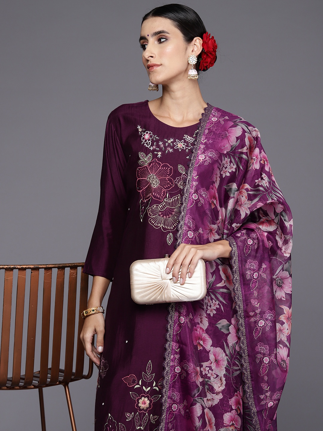 

Indo Era Women Floral Embroidered Regular Beads and Stones Kurta with Trousers & Dupatta, Burgundy