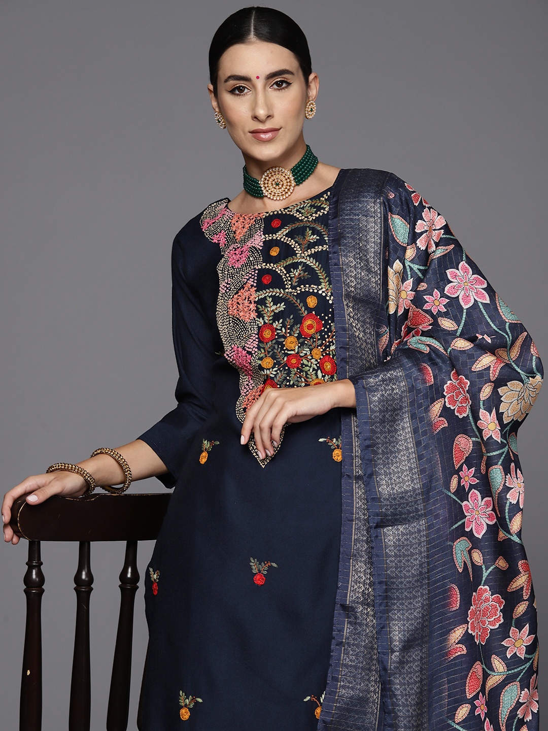 

Indo Era Women Floral Embroidered Regular Sequinned Kurta with Trousers & Dupatta, Navy blue