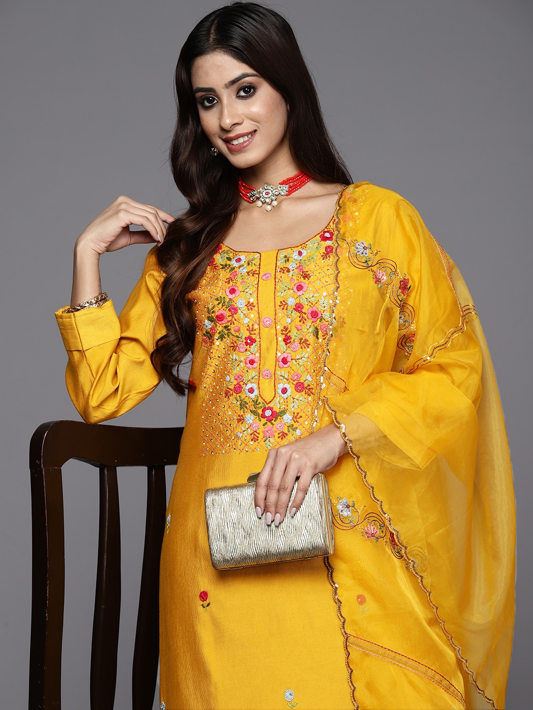 

Indo Era Women Floral Yoke Design Regular Sequinned Kurta with Trousers & Dupatta, Mustard