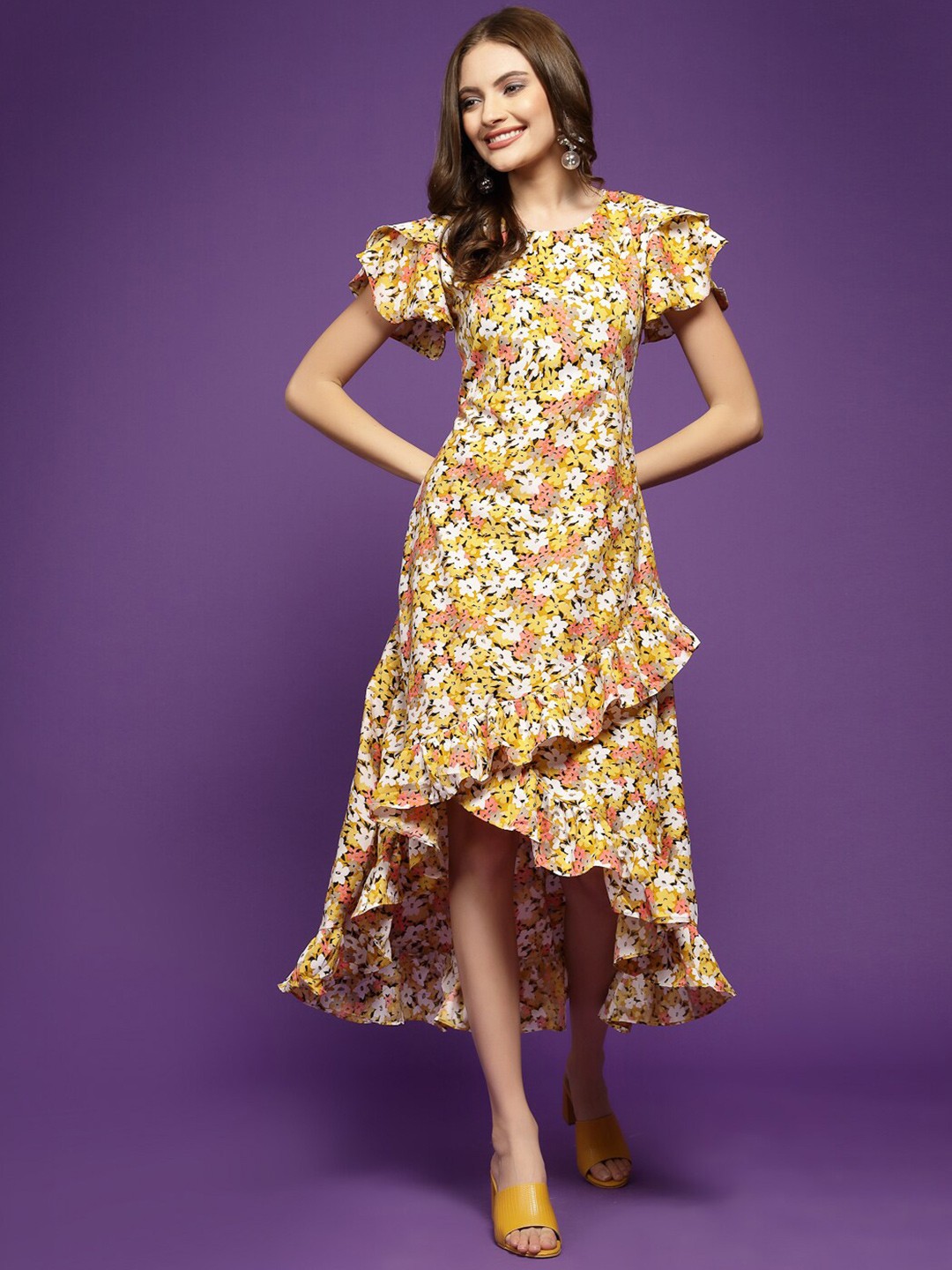 

Oomph! Floral Printed Ruffled Crepe A-Line Midi Dress, Yellow