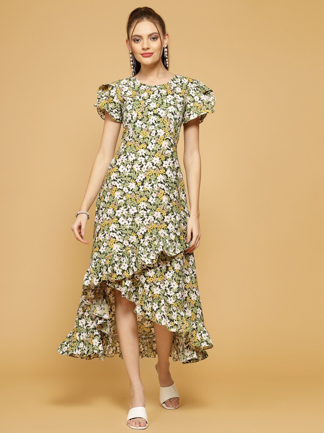 

Oomph! Floral Printed Flutter Sleeve Ruffled Crepe A-Line Midi Dress, Green
