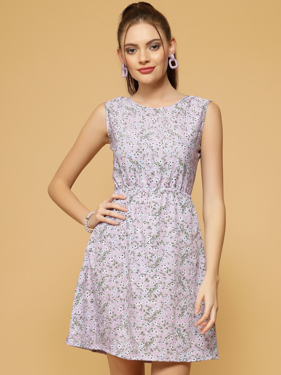 

Oomph! Floral Printed Tie-Up Detailed A-Line Dress, Purple