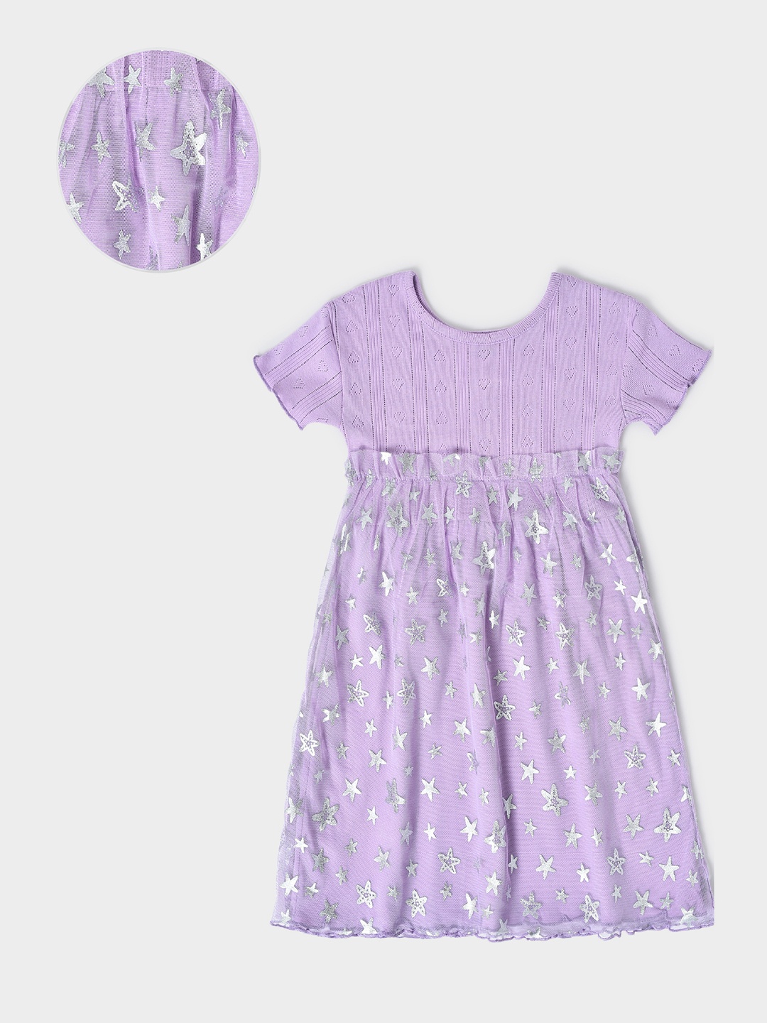 

MiArcus Girls Self Design Round Neck Gathered Cotton Fit & Flare Dress, Purple