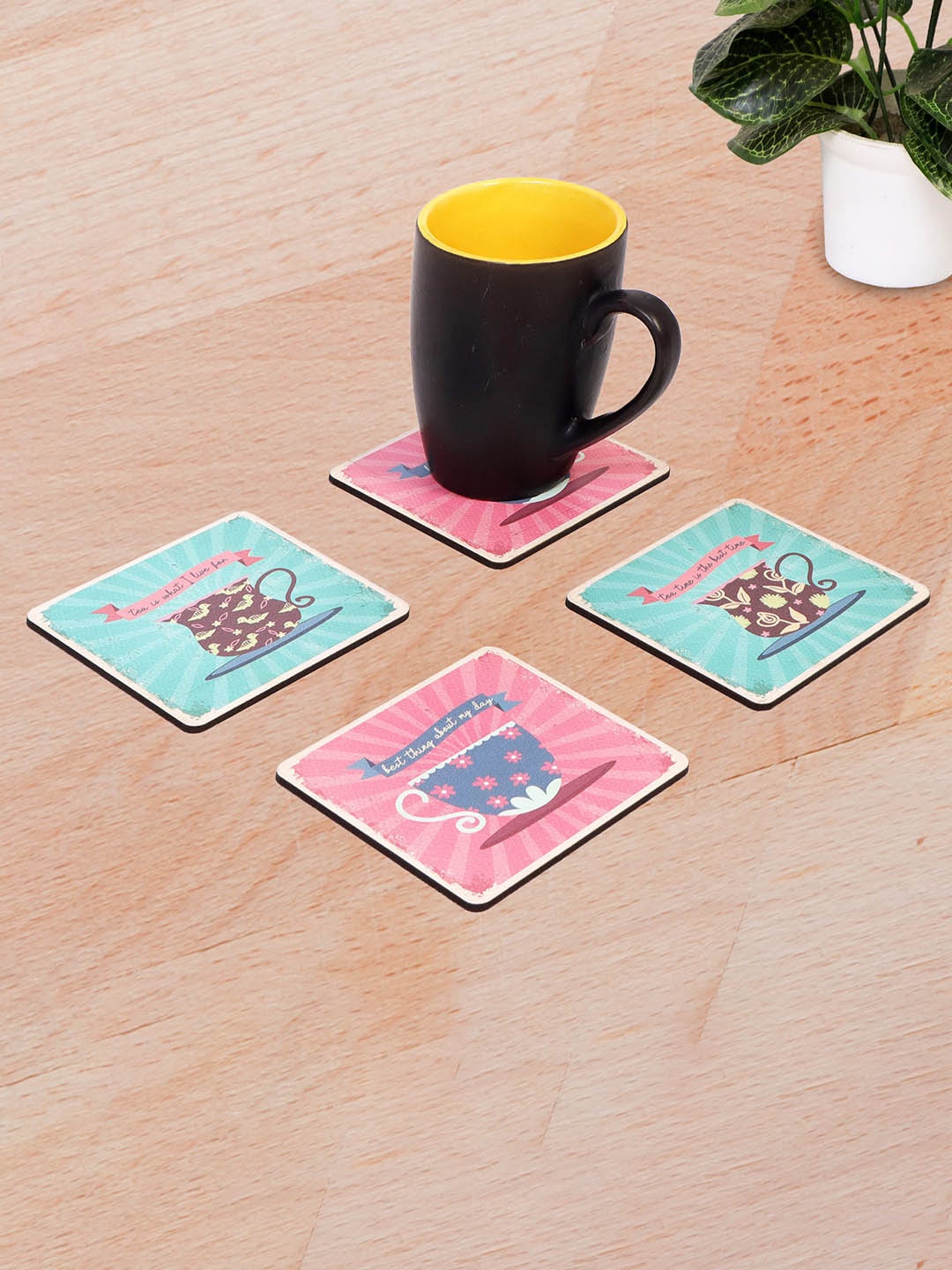 

Happening Hippo 4-Pcs Blue & Pink Printed MDF Square Coasters