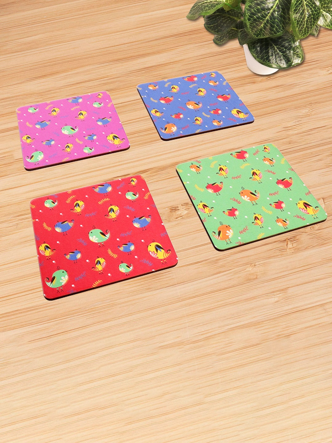

Happening Hippo Blue & Red 4 Pieces Bird Printed MDF Square Coasters