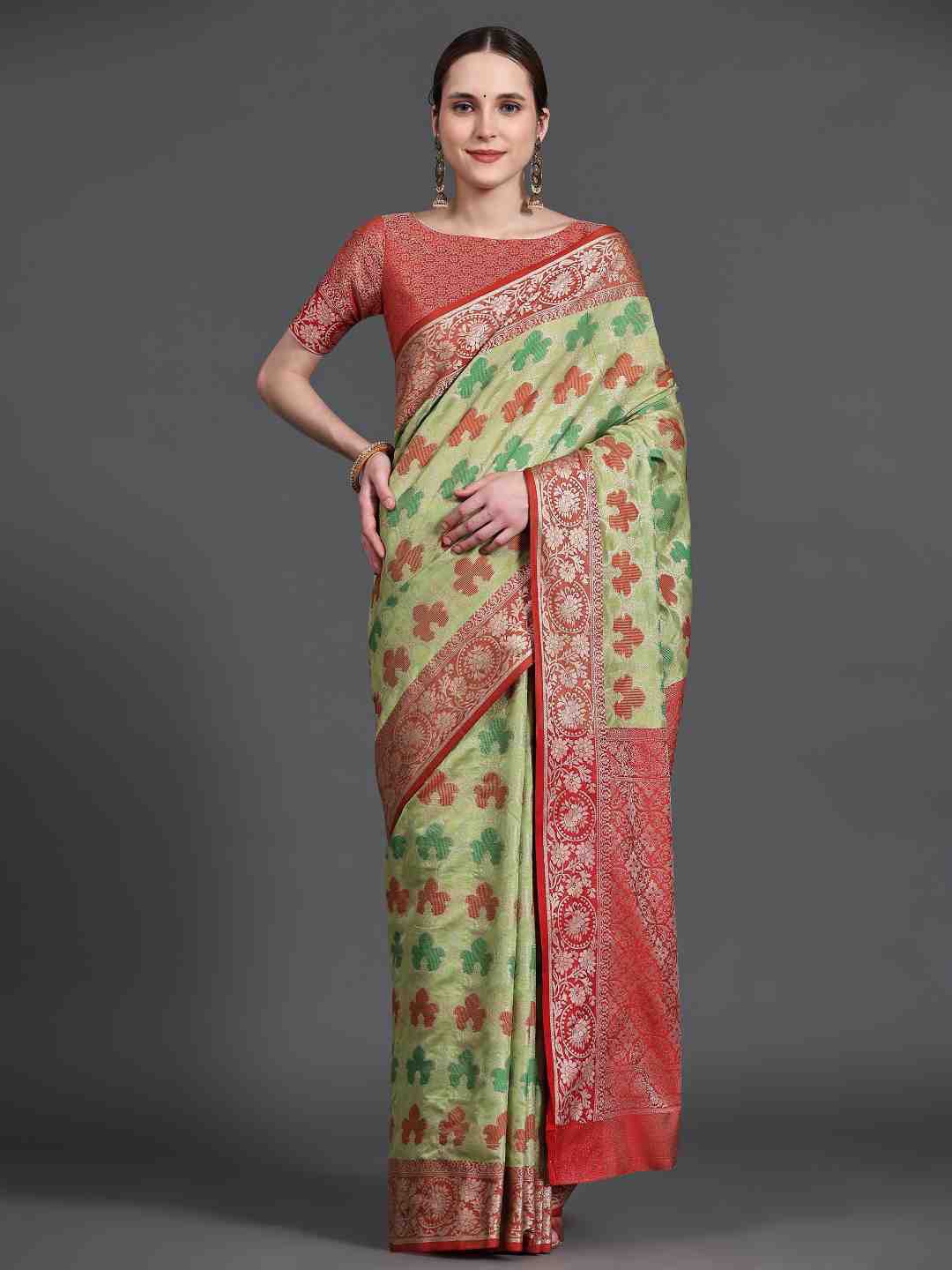 

JUST FASHION Floral Woven Design Zari Saree, Sea green