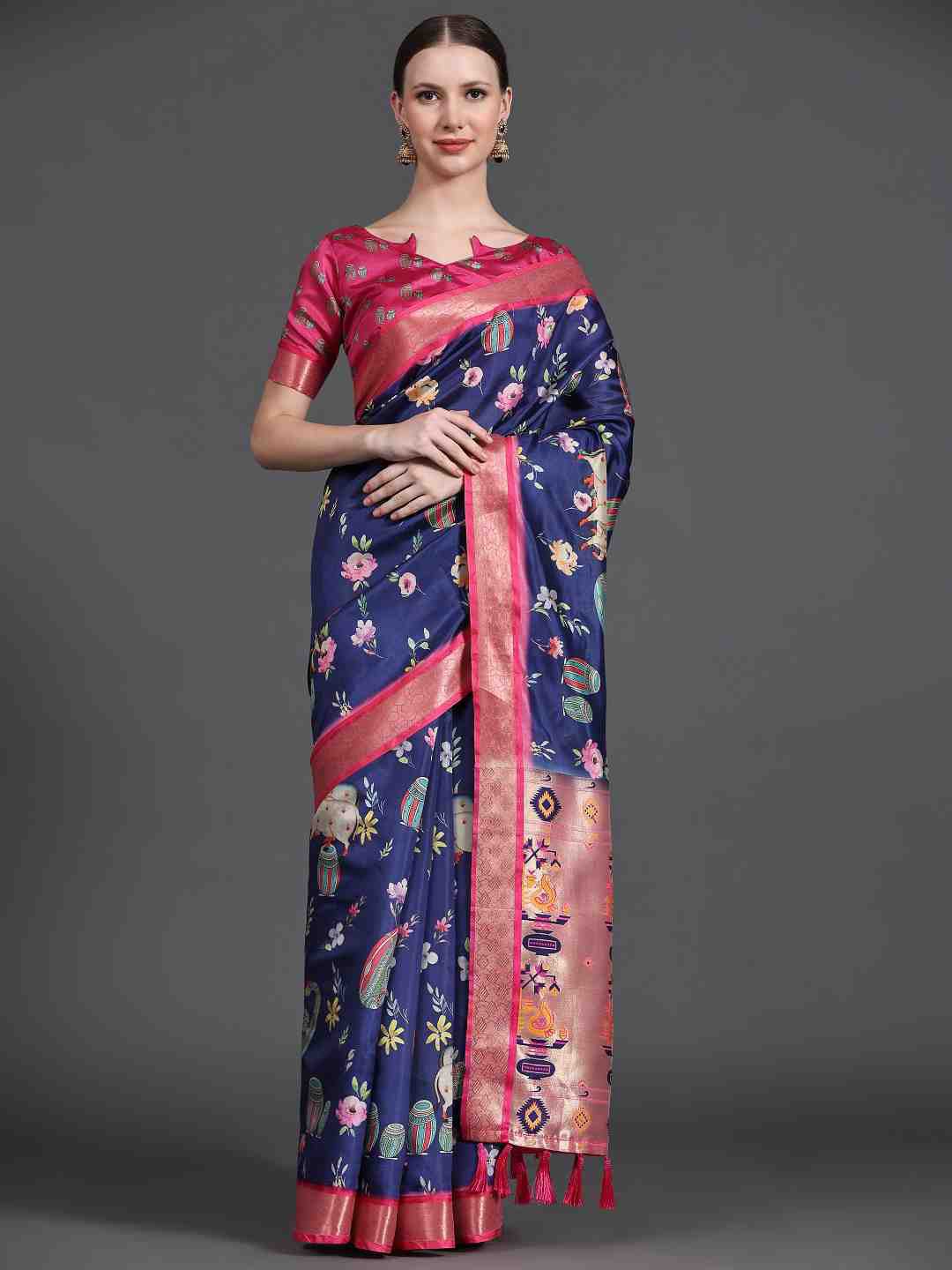 

JUST FASHION Floral Woven Design Zari Saree, Blue