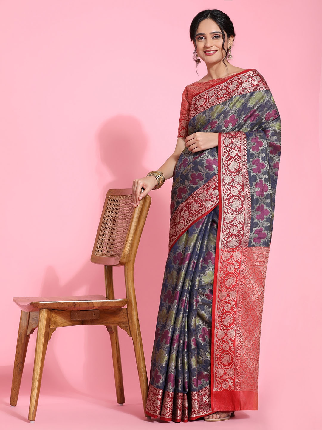 

JUST FASHION Woven Design Zari Art Silk Banarasi Saree, Navy blue