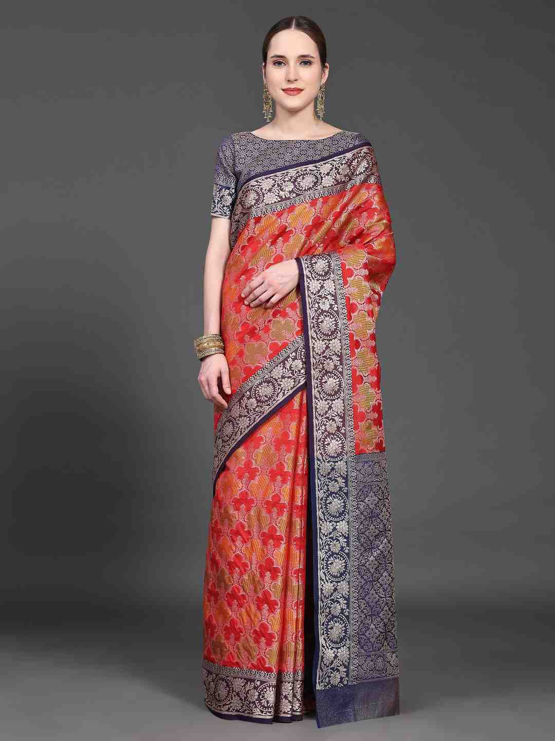 

JUST FASHION Ethnic Motifs Woven Design Zari Saree, Red