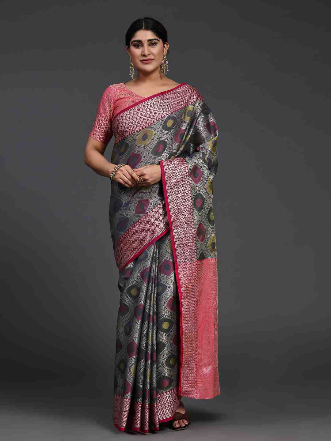 

JUST FASHION Ethnic Motifs Woven Design Zari Saree, Navy blue