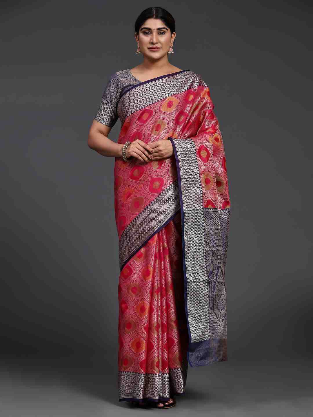 

JUST FASHION Ethnic Motifs Woven Design Zari Saree, Pink