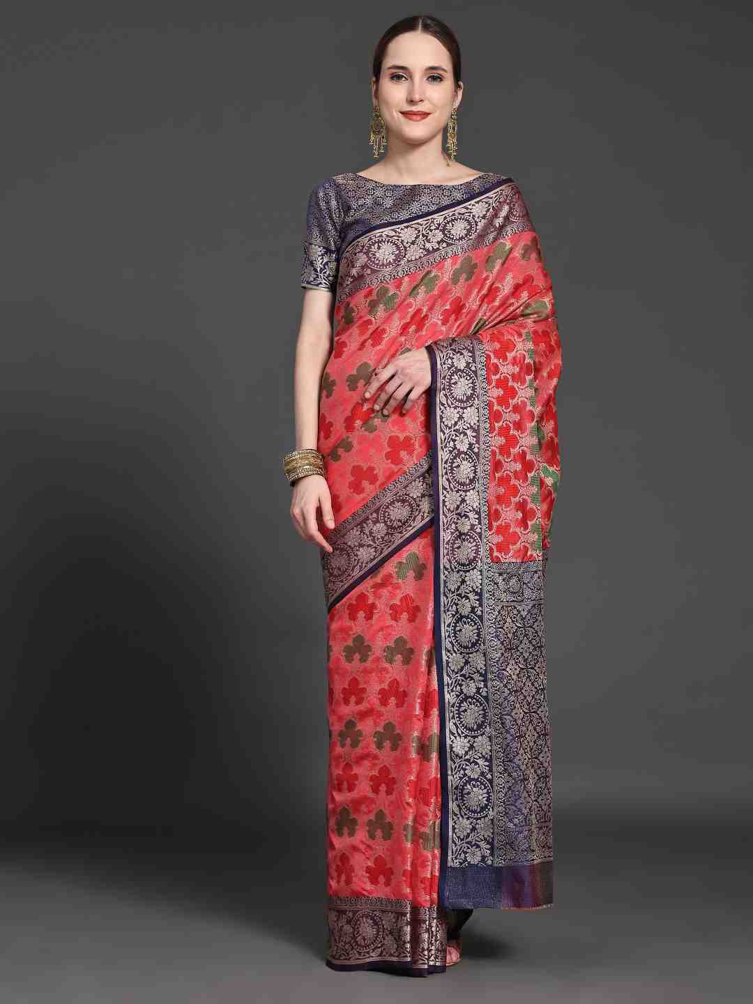 

JUST FASHION Ethnic Motifs Woven Design Zari Art Silk Banarasi Saree, Pink